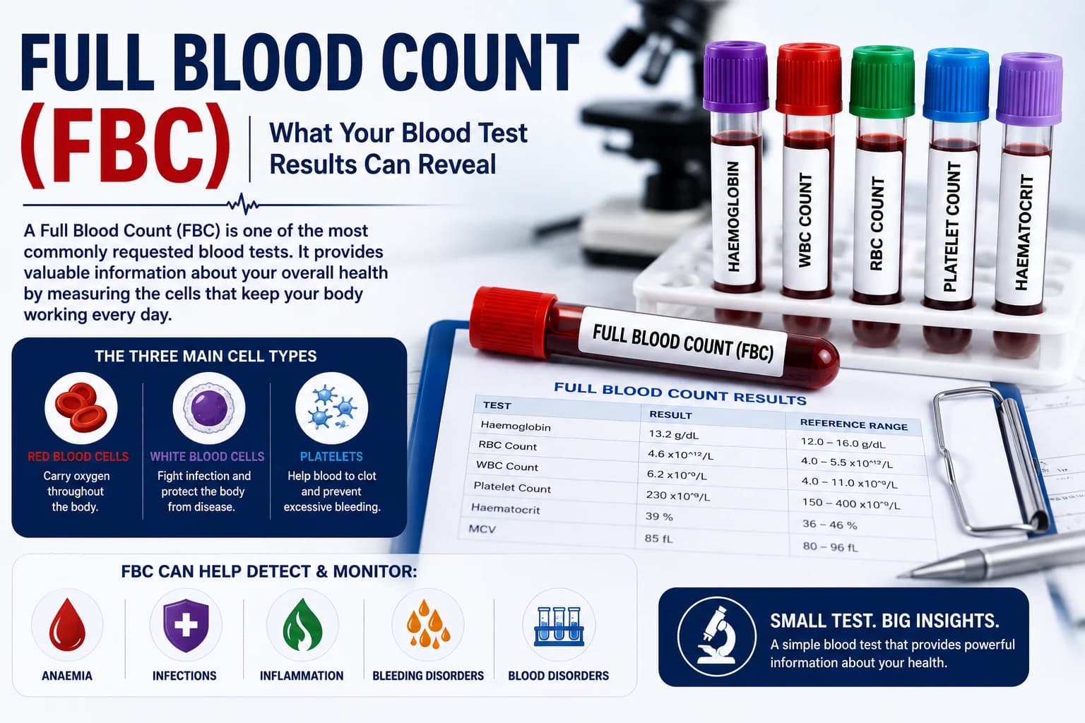 Full Blood Count (FBC) blood test showing red blood cells, white blood cells, platelets, haemoglobin and other blood parameters