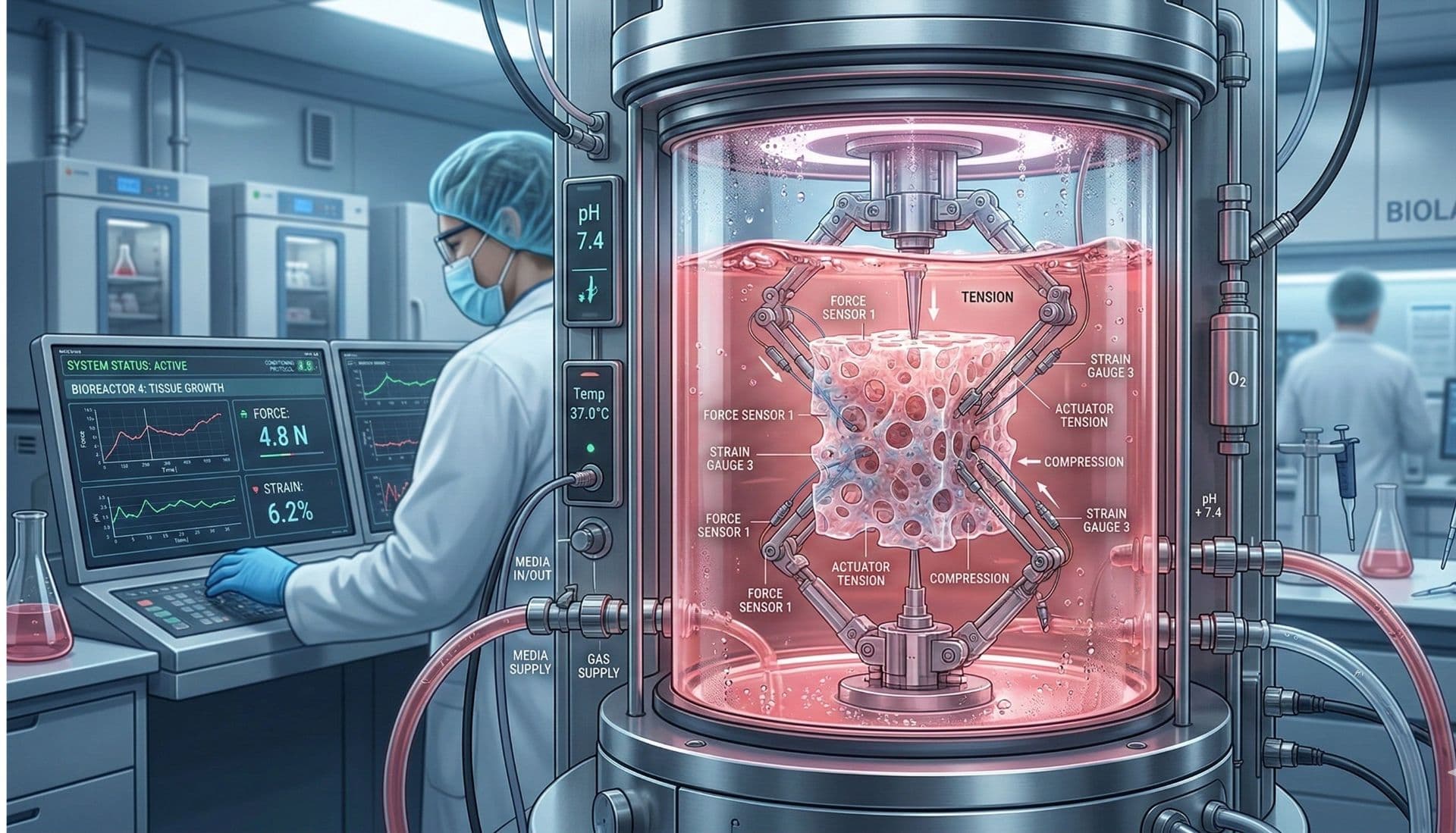 A 3D digital illustration of a laboratory bioreactor applying mechanical forces to a bioprinted human tissue scaffold, representing the intersection of biology and engineering.